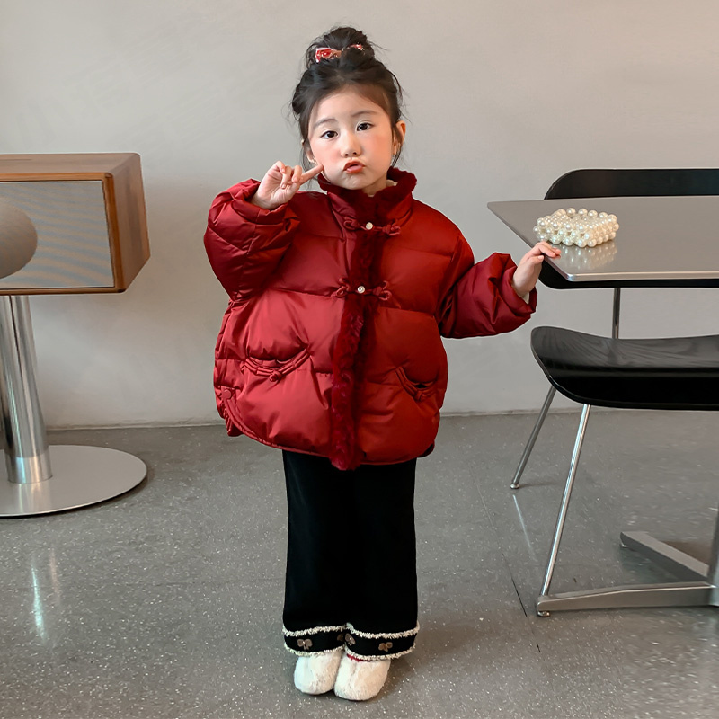 拜年服女童国风羽绒服冬季儿童红色白鸭绒加厚外套小女孩喜庆棉袄