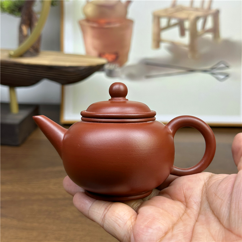 潮州手拉壶朱泥壶单个水平120cc小容量红泥手工宜兴紫砂壶小容量