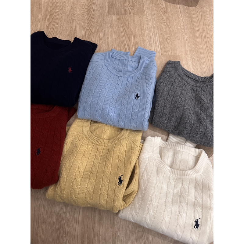 小卷家羊毛麻花套头圆领毛衣经典刺绣小马软糯休闲长袖针织衫