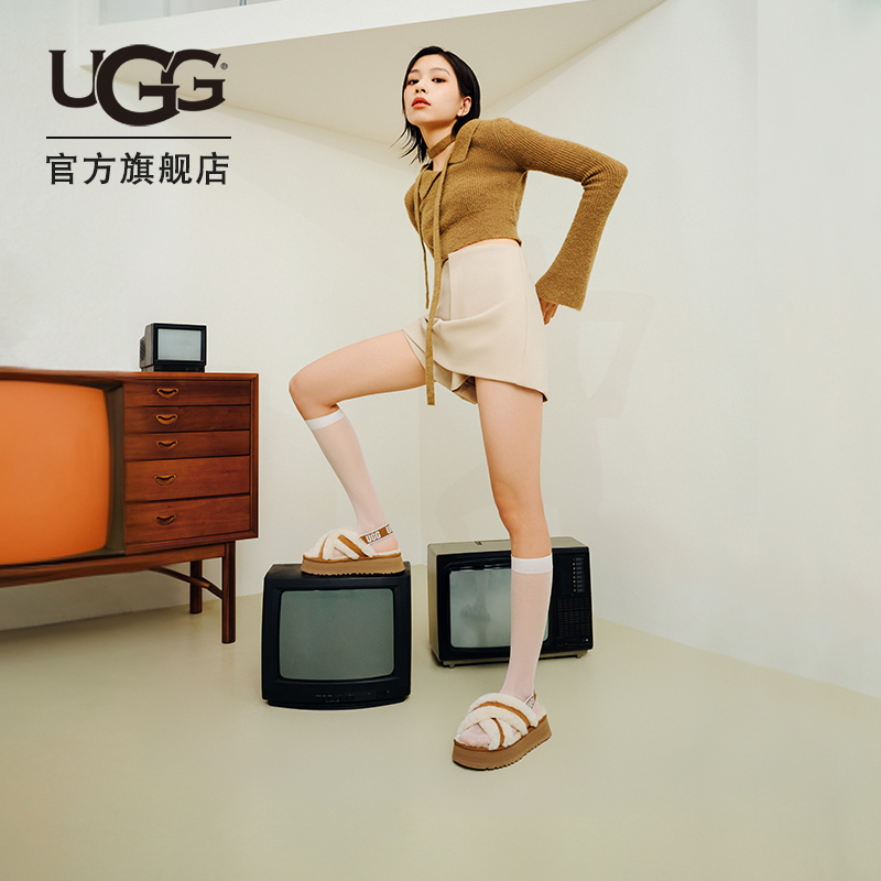 UGG春季女士休闲时尚交叉鞋面厚底舒适弹力束带毛毛凉鞋 1121550