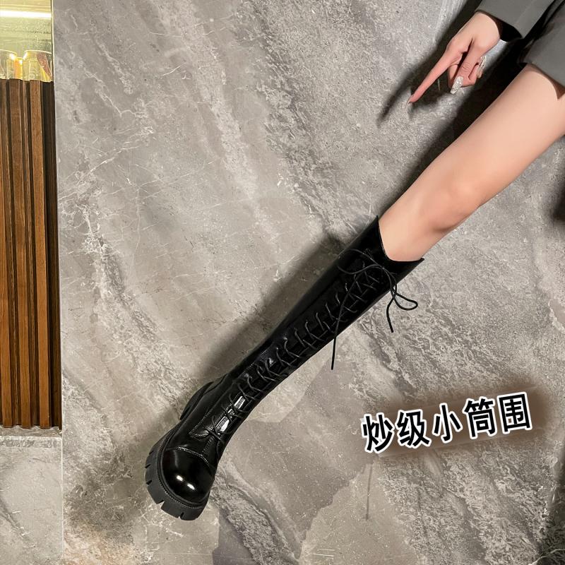 小鸟腿长靴细筒骑士靴女高筒厚底v口小个子小细腿瘦版系带靴子