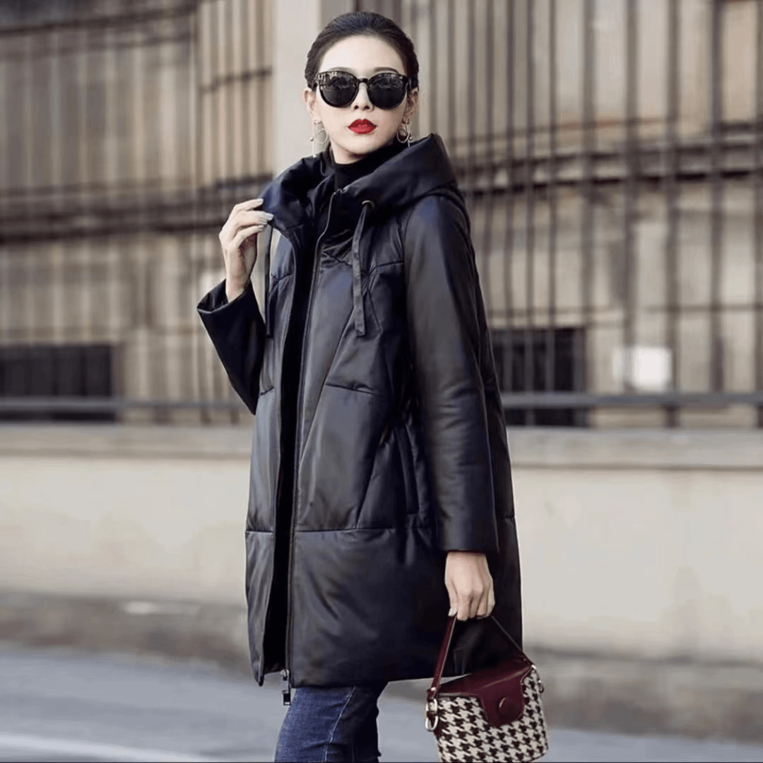 真皮鹅绒服时尚休闲连帽宽松中长款简约时尚百搭皮衣冬季保暖女