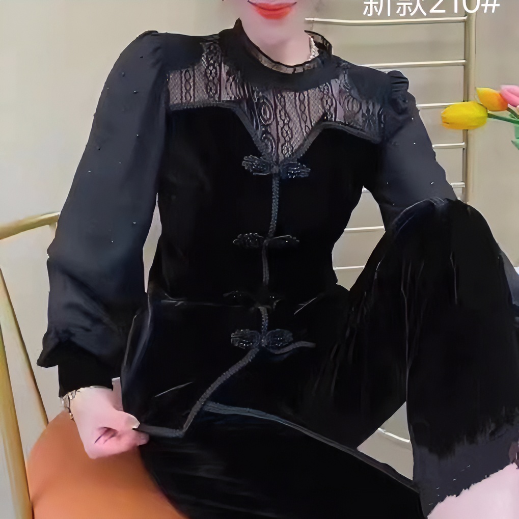 210丝绒盘扣拼接蕾丝爆款小衫