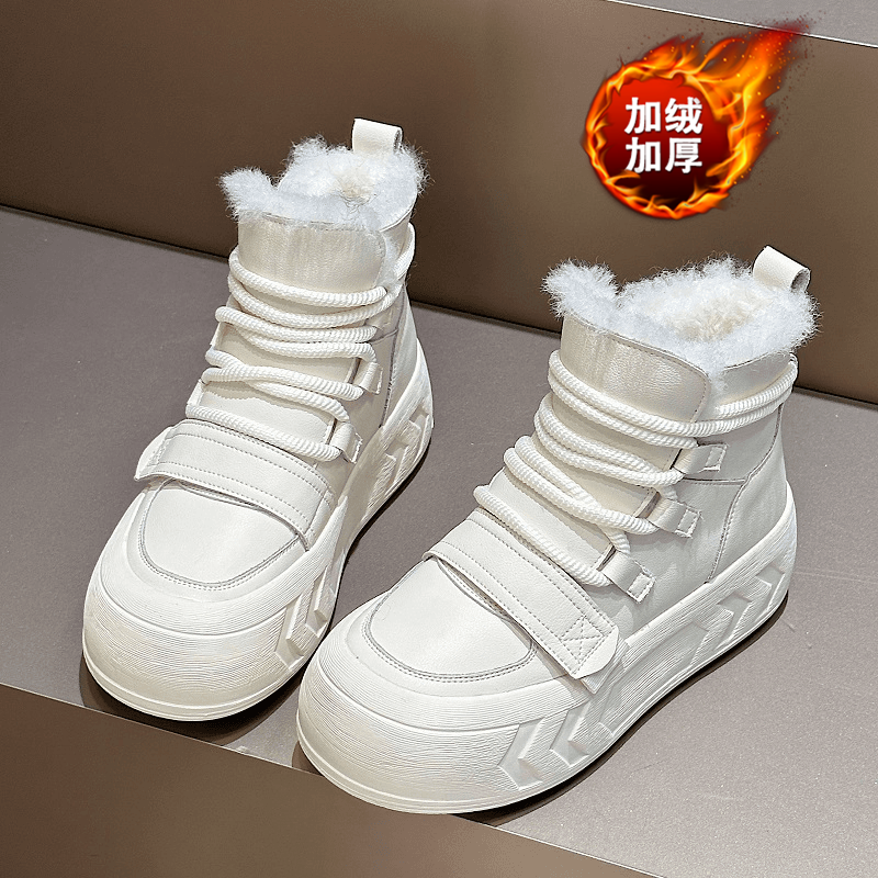 白色雪地靴女款2024新款冬季系带加绒加厚厚底增高保暖短靴子
