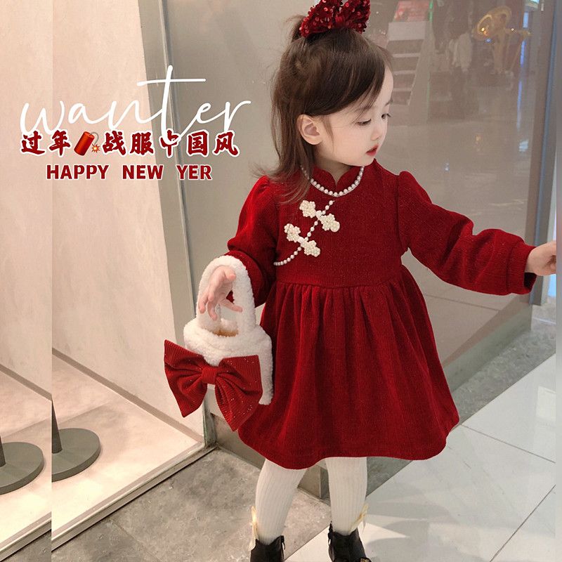 女童连衣裙冬季新款加绒洋气女宝宝红色中国风拜年服周岁
