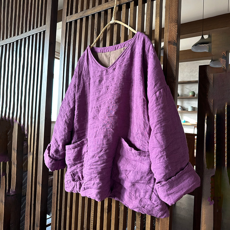 4212原创亚麻v领夹棉小袄短款外套文艺保暖上衣宽松复古棉衣棉服