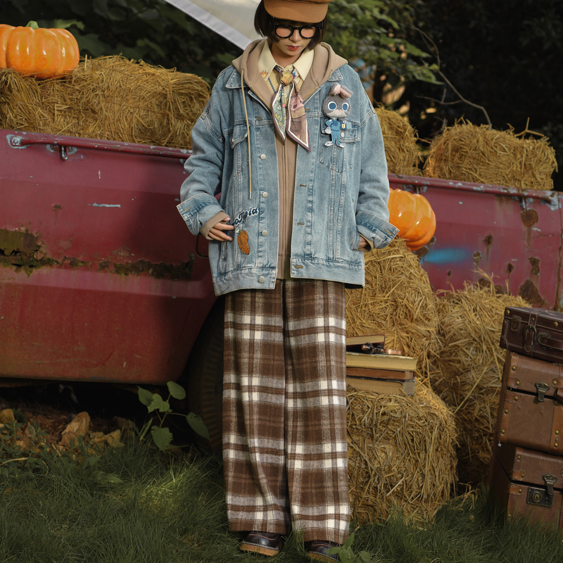 森女部落原创森系复古格子裤美拉德穿搭毛呢秋冬裤子宽松休闲裤女