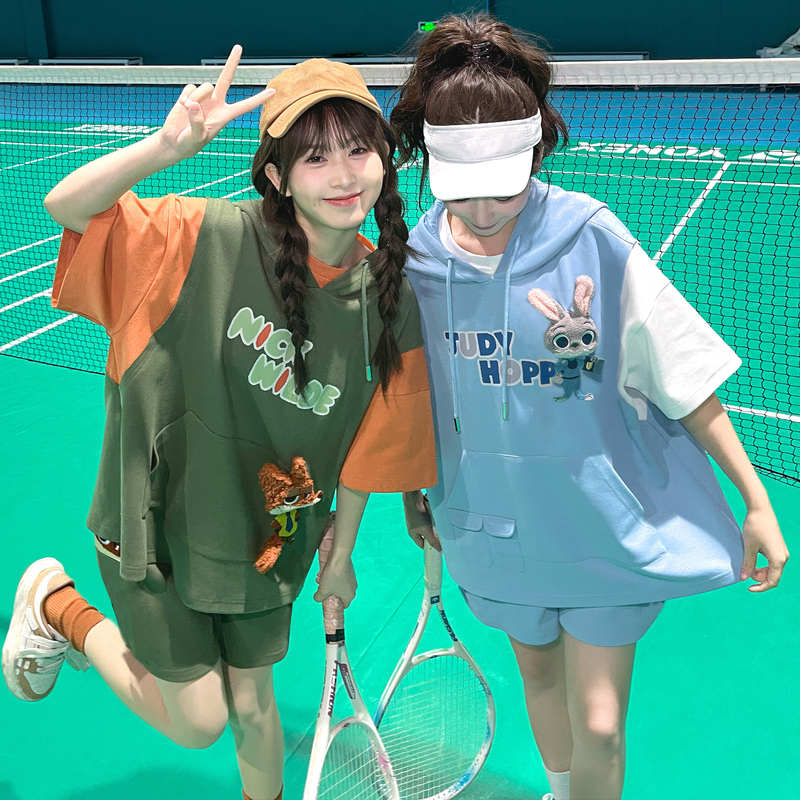 疯狂动物城联名 假两件设计感短袖连帽上衣宽松夏季森女部落原创
