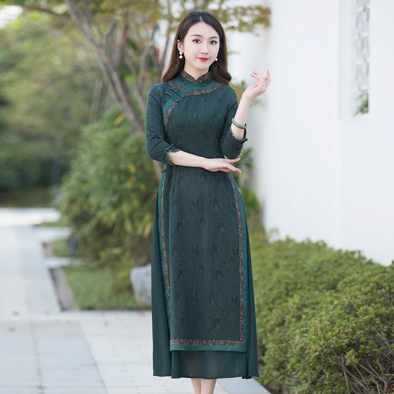 如意风奥黛旗袍中国风女装修身显瘦高端气质复古旗袍连衣裙9125