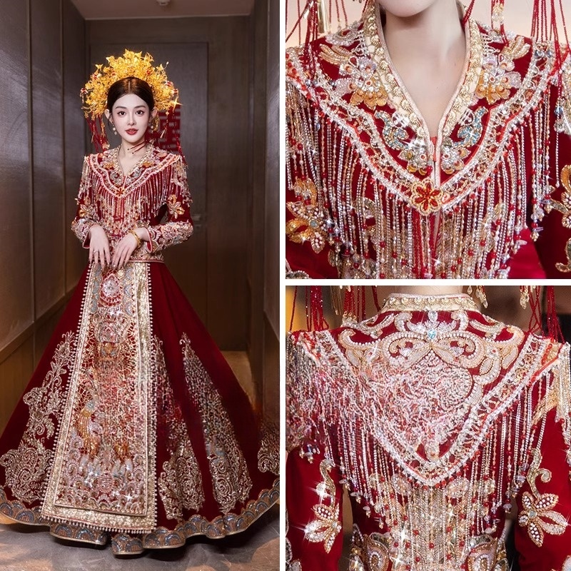 高档秀禾服新娘结婚重工婚服2025年新款V领大码秀禾服修身遮肚子