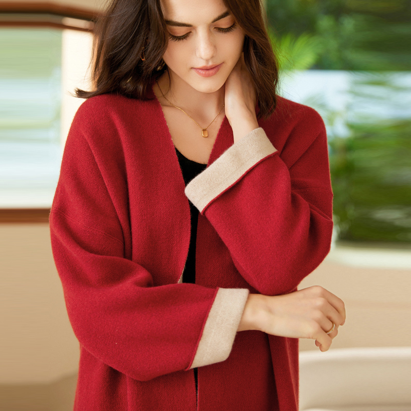 正宗纯山羊绒衫女式开衫秋冬中长款空气层针织外套双兜纯色大衣