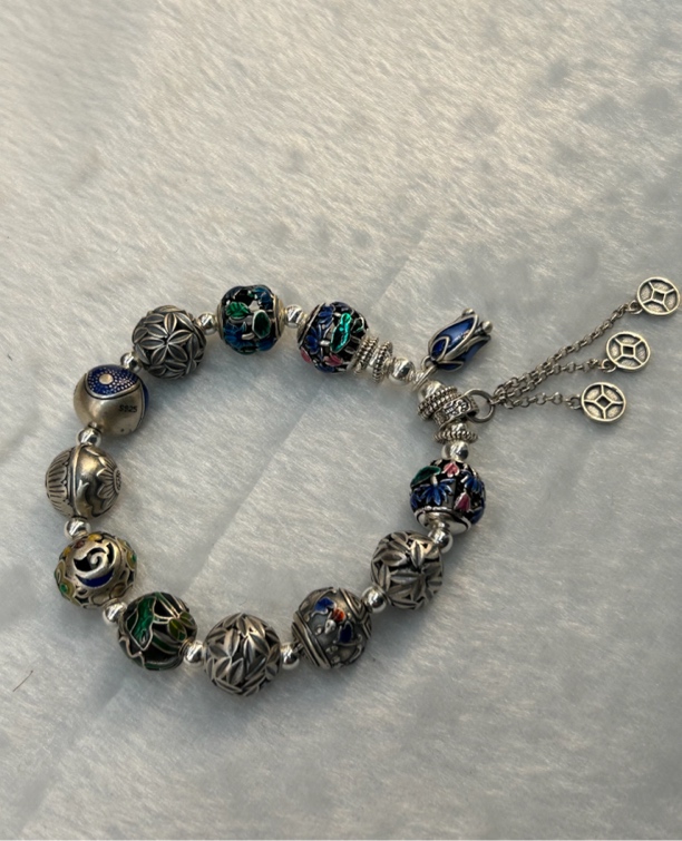 925银手链 云南寸家银饰 S925珐琅彩镂空花珠手链手串