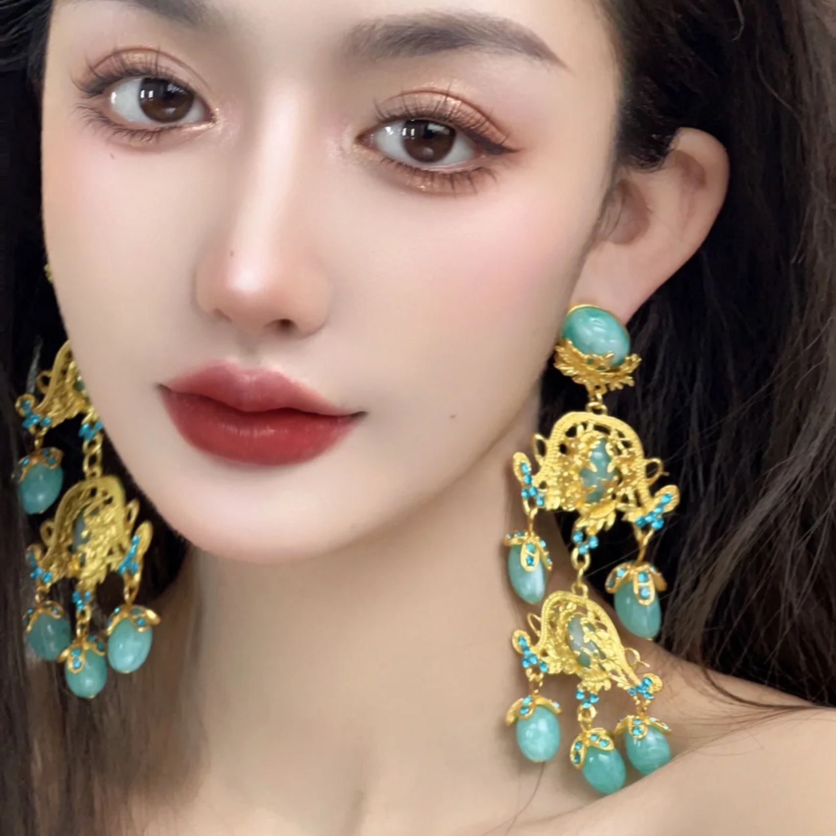 合金树脂耳饰 南一婚饰新款中古金色花枝宫廷风夸张礼服耳饰