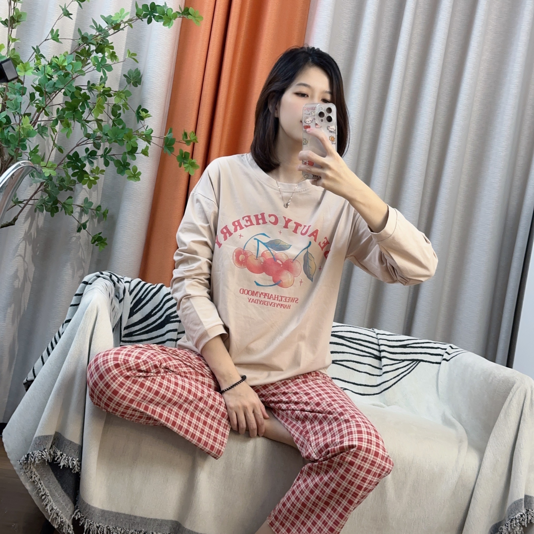 秋冬爽棉睡衣女长袖时尚休闲女士宽松格子印花韩版圆领秋季可外穿