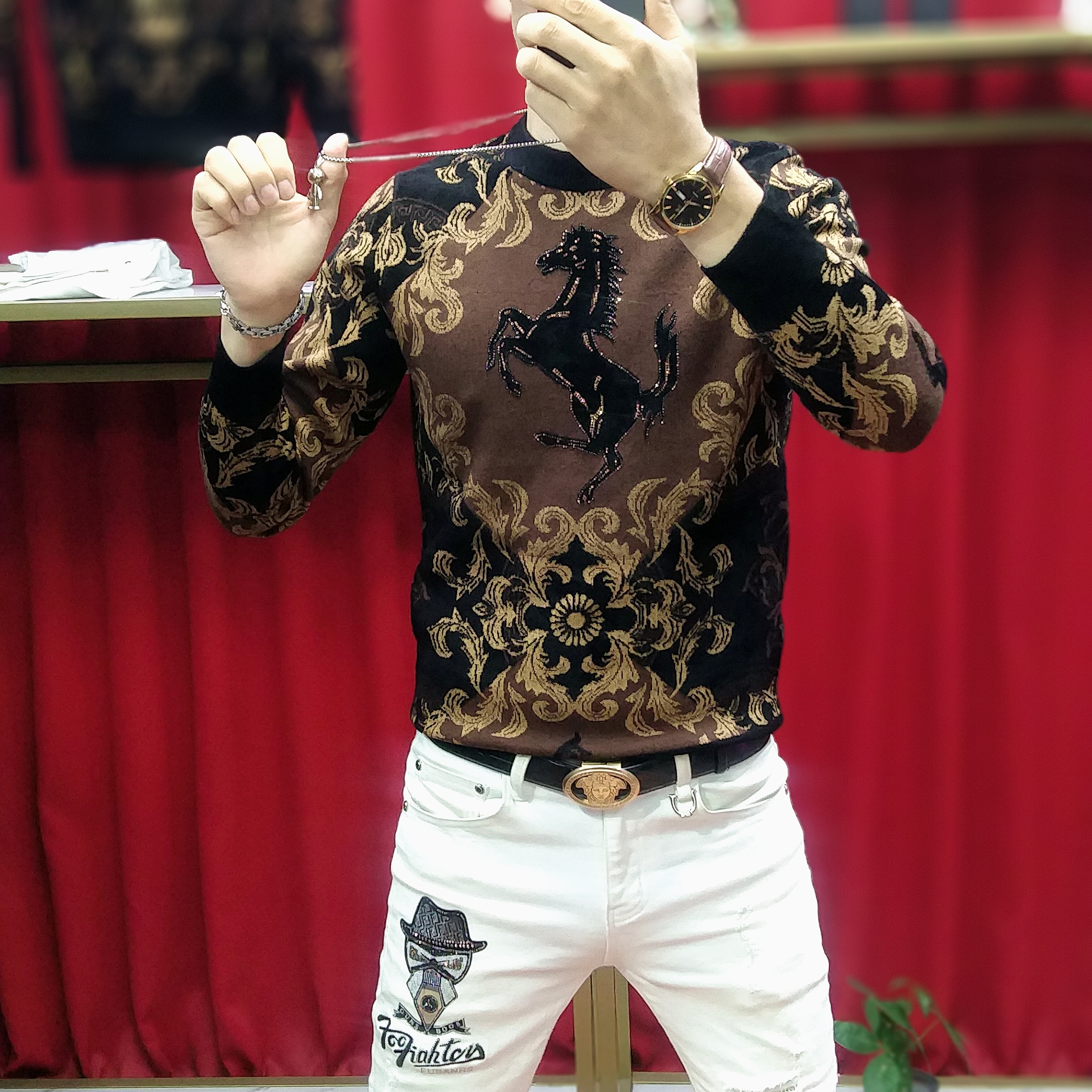 男士秋冬新款潮流时尚帅气百搭战马修身圆领长袖针织毛衣打底9957