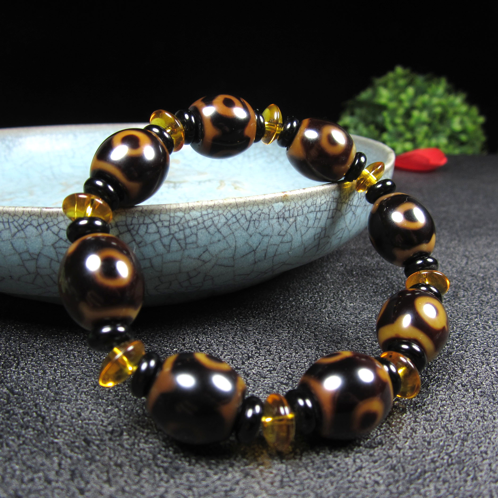 藏式胖圆高油润老玛瑙3眼手串男女款国潮民族风三眼百搭手链