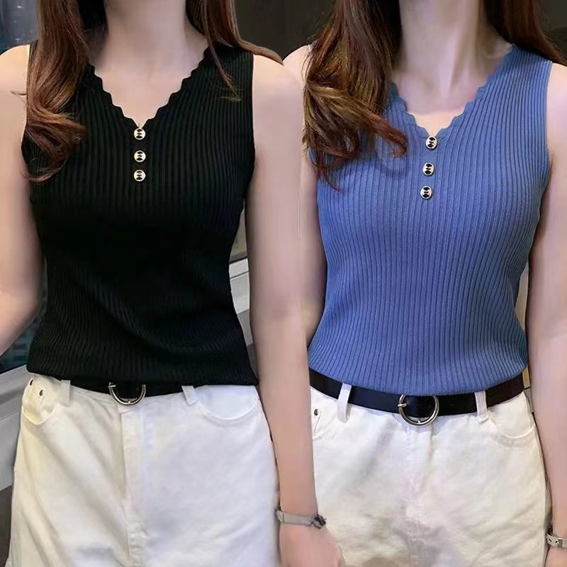  V领针织无袖背心打底衫可外穿女背心打底大码女背心
