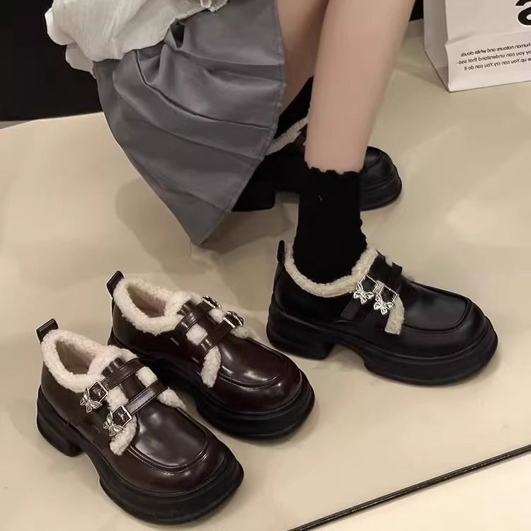 x英伦风乐福鞋小皮鞋女2023冬季新款加绒保暖厚底增高毛毛鞋ins