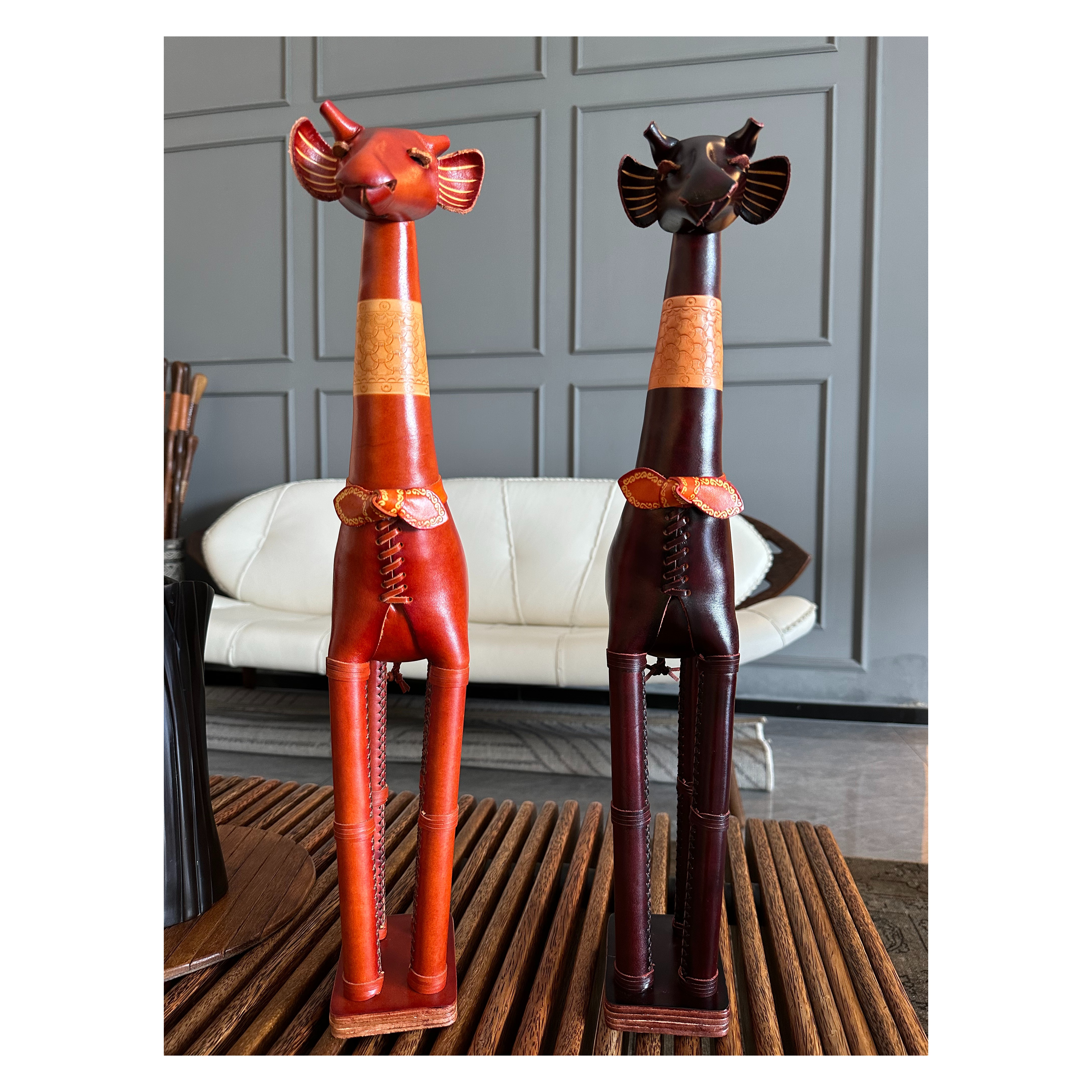 头层牛皮手工制作复古工艺品长颈鹿摆件轻奢家用