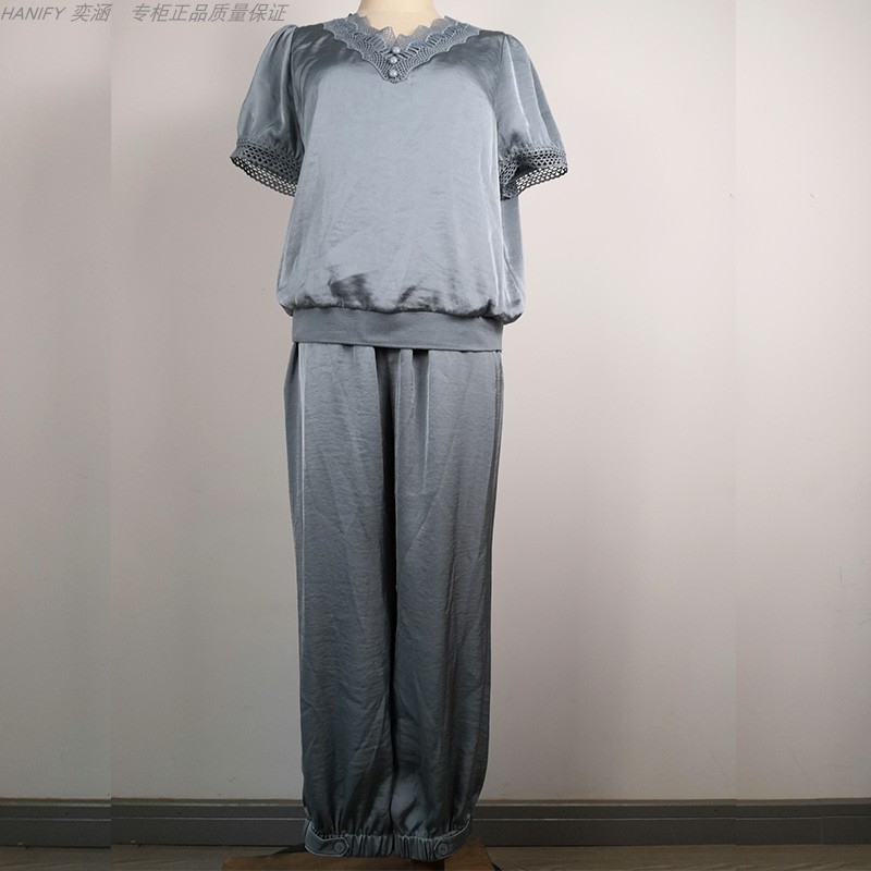 奕涵淏7038女夏新妈妈薄款缎面V领蕾丝时尚套裤套装裤子上衣