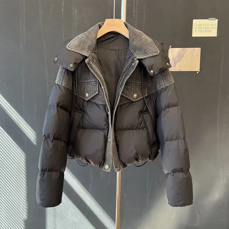 爆款2023新款牛仔拼接羽绒服女2023冬新款加厚短款宽松90白鸭绒