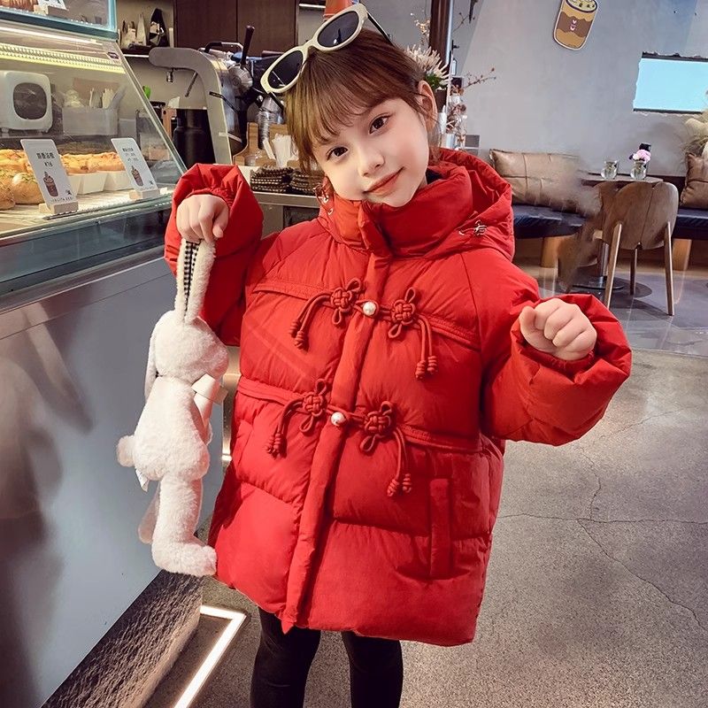 女童加厚棉服冬装2023新款洋气儿童短款红色中国风新年装连帽外套