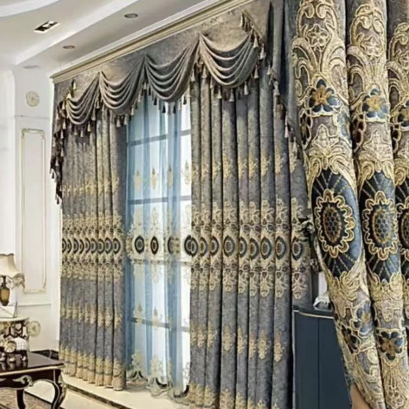 定制窗帘       雪尼尔面料欧式刺绣铜钱花布帘窗纱 （帘头另外拍)