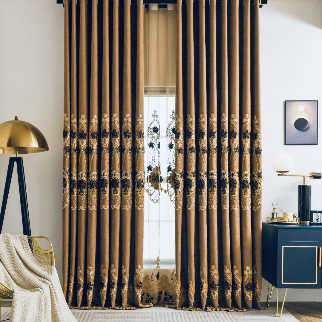 轻奢大气别墅欧式风格客厅卧室款式一枝独绣 帘头窗帘 窗纱  成品