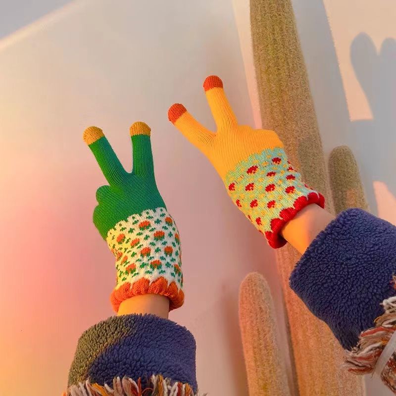 手套韩版触屏手套女士秋冬季加厚保暖针织学生ins风复古可爱骑行