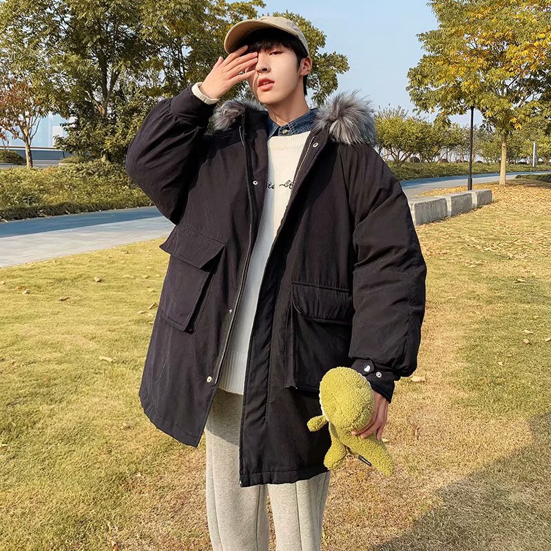 简约百搭率性利落情侣款派克服棉服休闲连帽中长款厚款休闲百搭潮