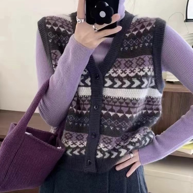 复古V领休闲针织马甲开衫拼色洋气宽松时尚外穿百搭秋冬女装秋季