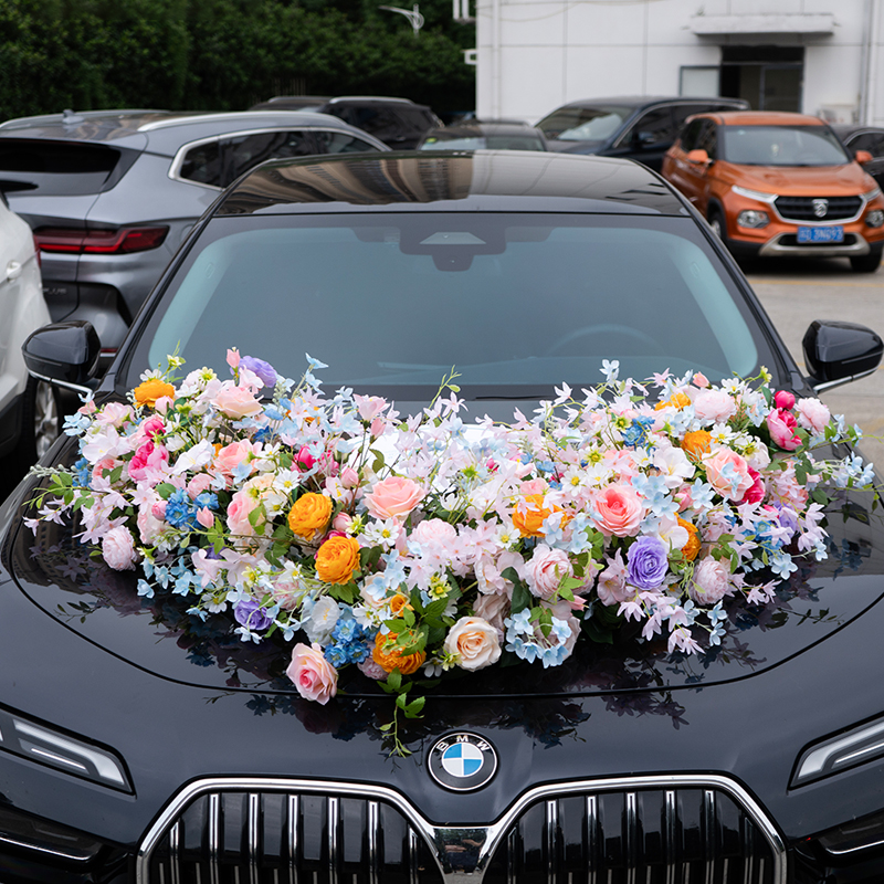 婚礼装饰婚车布置仿真花假花花艺 欧式V字带吸盘婚庆车头花