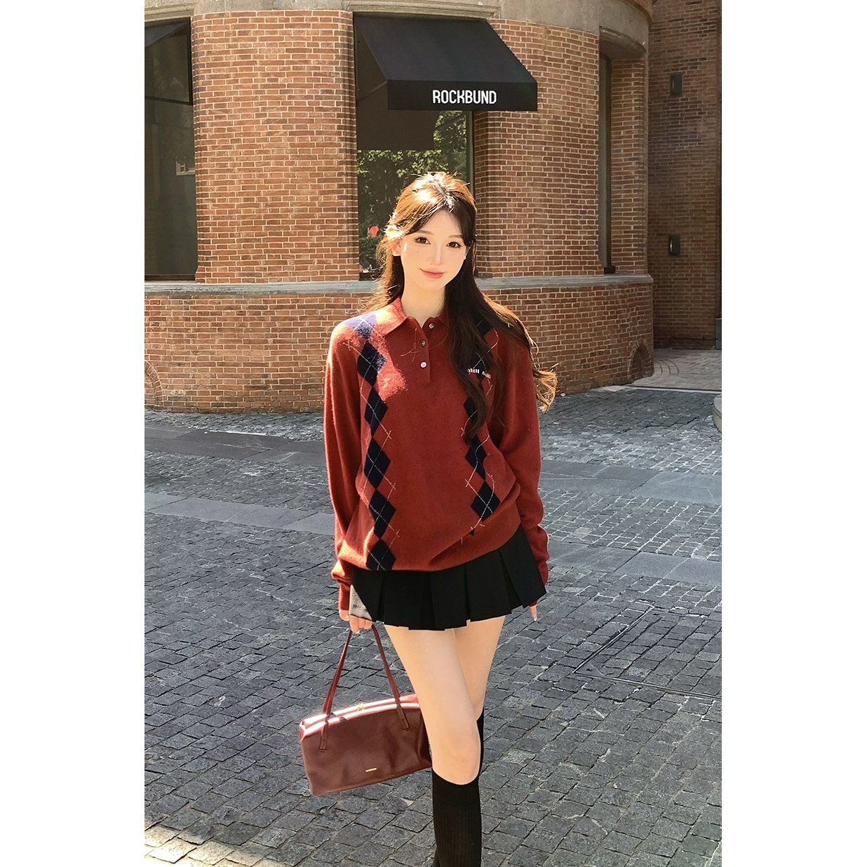 FBB limit冬季新款学院气质针织上衣菱形格Polo领毛衣女D243830R