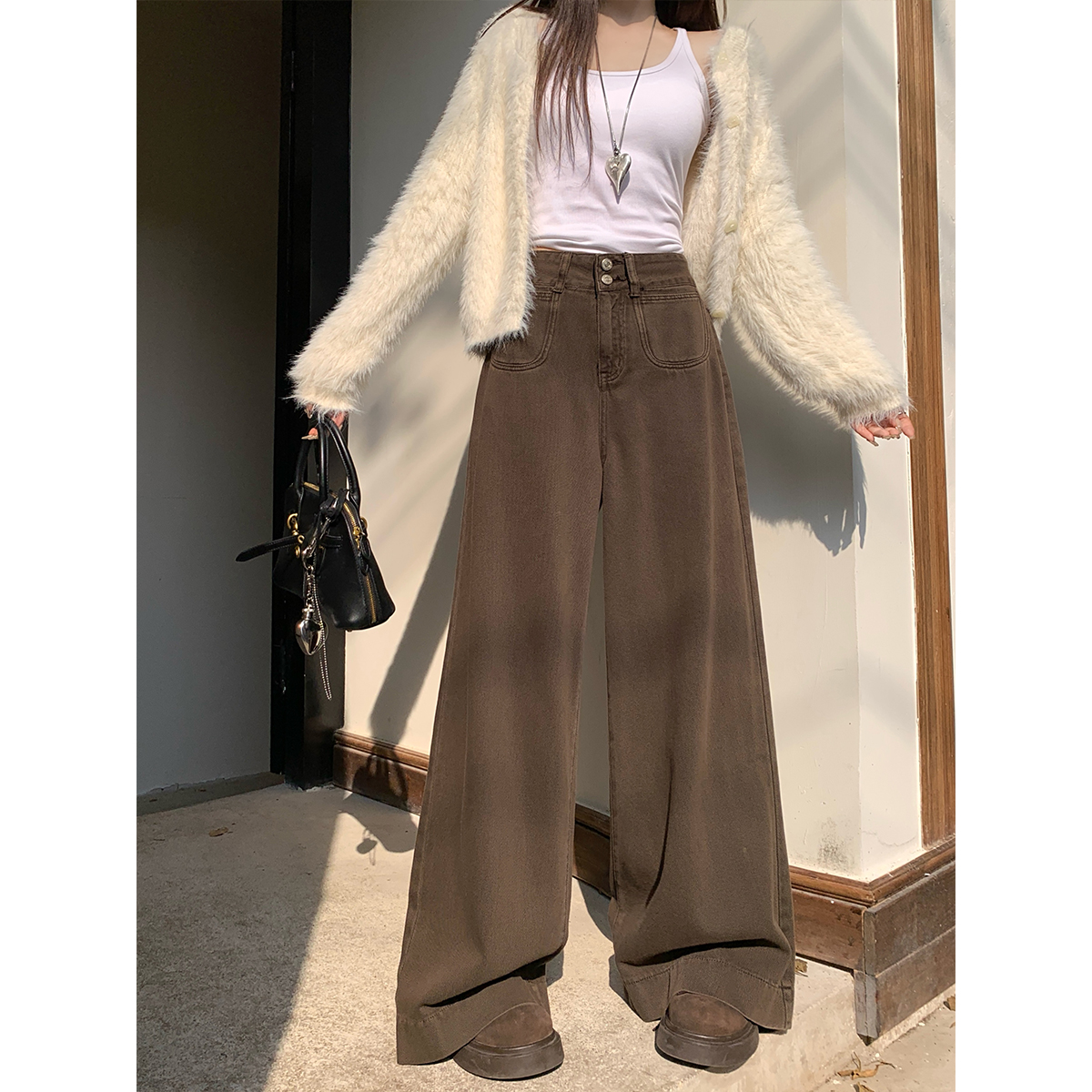 新款大码女装美式复古高腰阔腿牛仔裤早秋氛围感显瘦辣妹直筒裤子