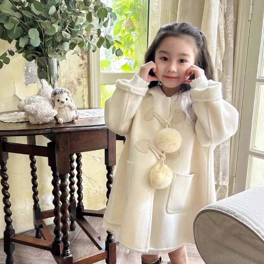 女童外套女童加厚秋冬外套雪宝大衣毛球毛呢大衣儿童