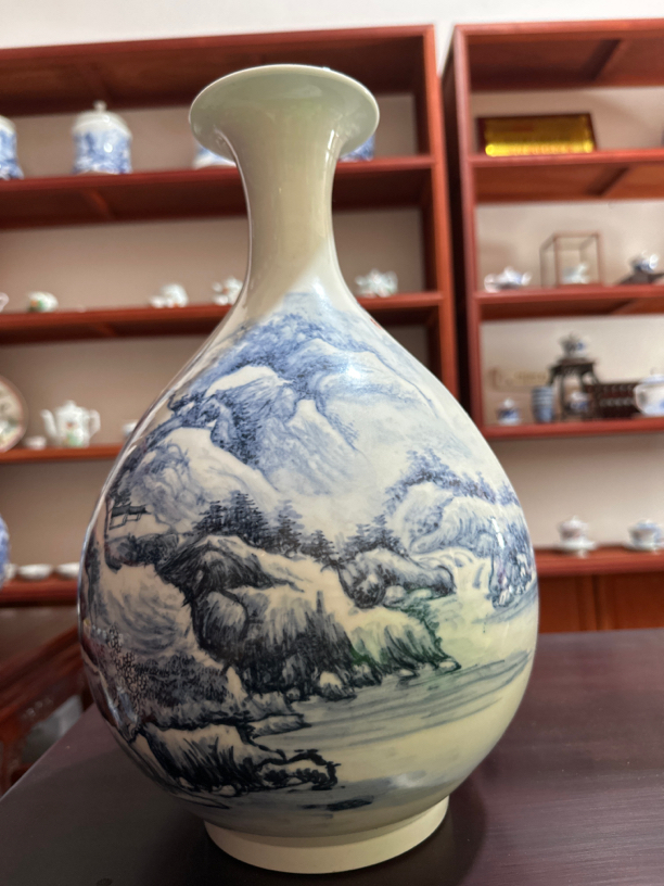 0028满公窑景德镇纯手绘玉湖春山水手工花瓶收藏送礼家庭公司装饰