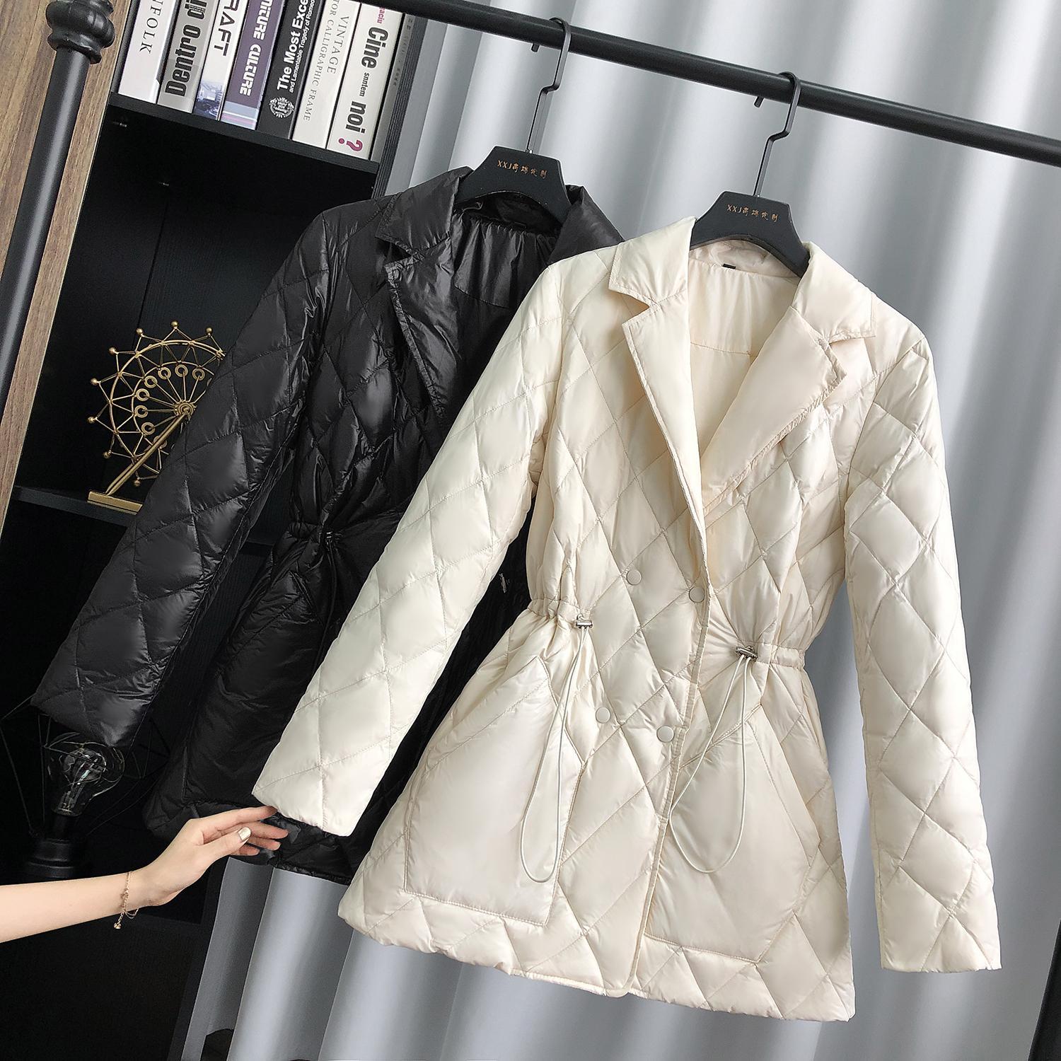 羽绒服羽绒服女2023冬新款韩版中长款亮面西装领气质抽绳修