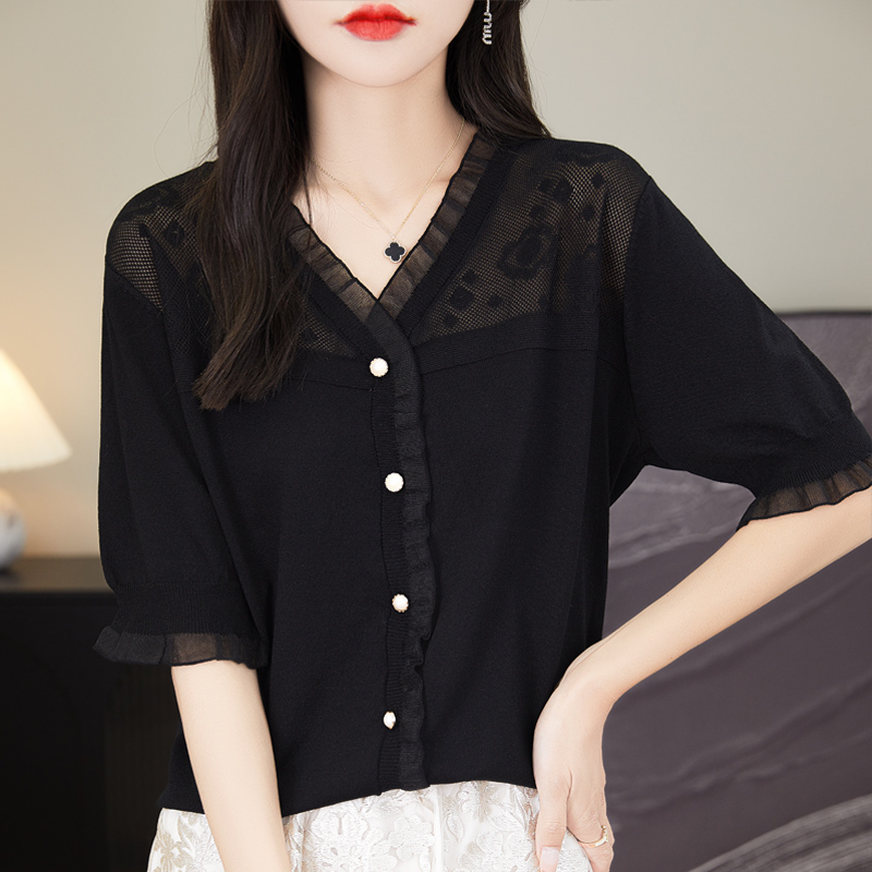 法式优雅蕾丝短袖针织开衫女拼接镂空设计半袖T恤上衣中袖打底衫