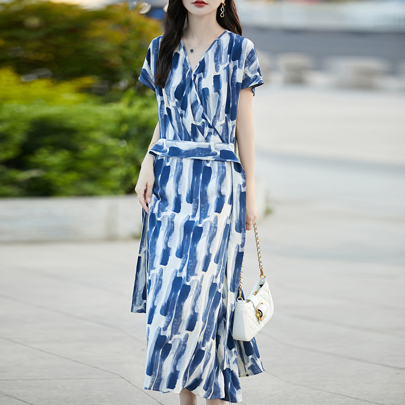 夏季新款无袖海边长裙气质中长款腰带连衣裙宽松短袖法式裙子女装