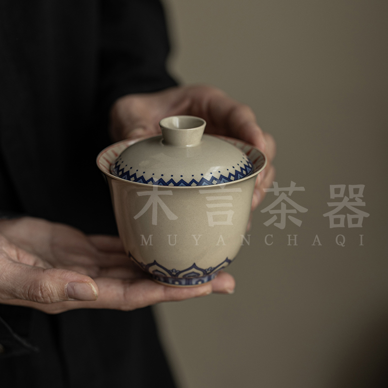 敦煌万佛二才盖碗手绘陶瓷防烫中式复古茶碗禅意茶具手工拓印盖碗