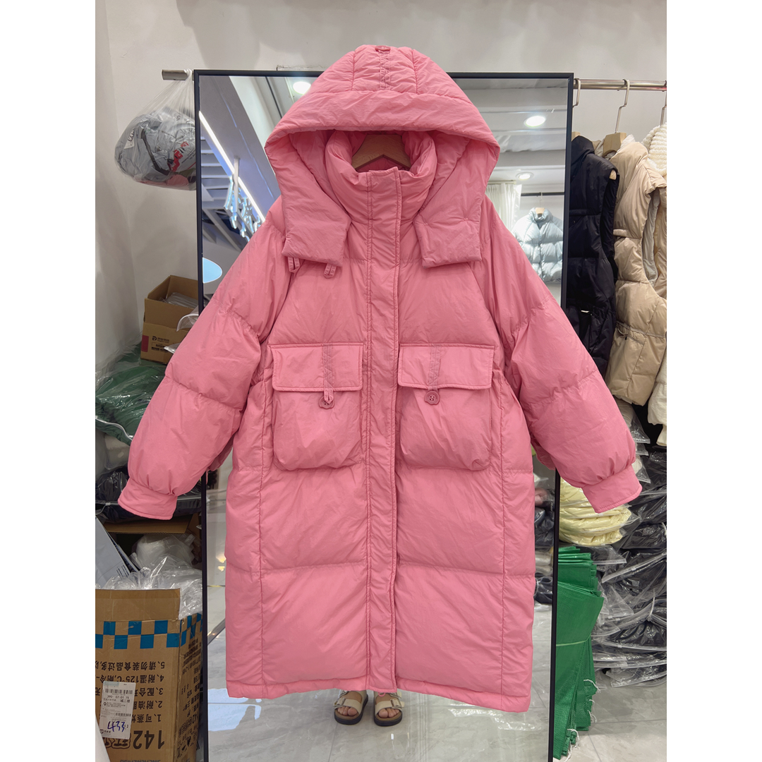 羽绒衣2023年韩版反季新款羽绒衣服女中长款连帽白鸭绒过膝