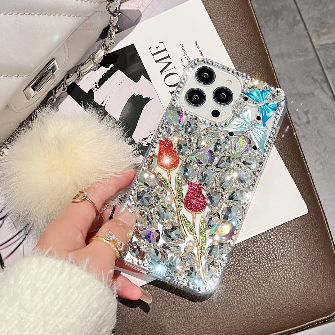 适用苹果/华为/OPPO/vivo奢华满钻手机壳玫瑰花网红防摔保护套