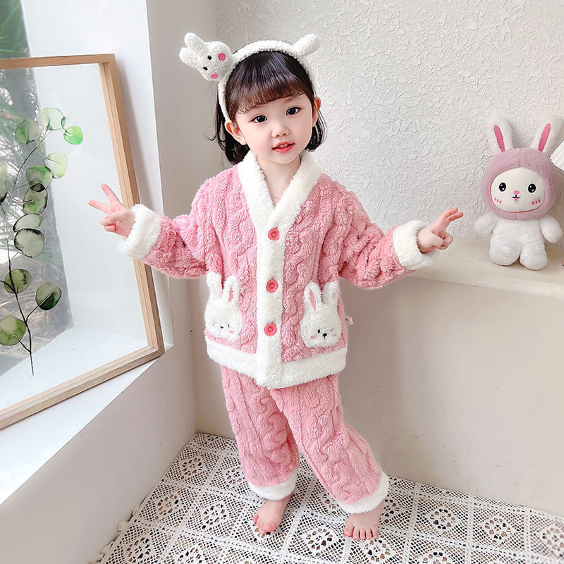 女童洋气加厚法兰绒睡衣套装秋冬季女宝宝珊瑚绒家居服儿童款睡衣