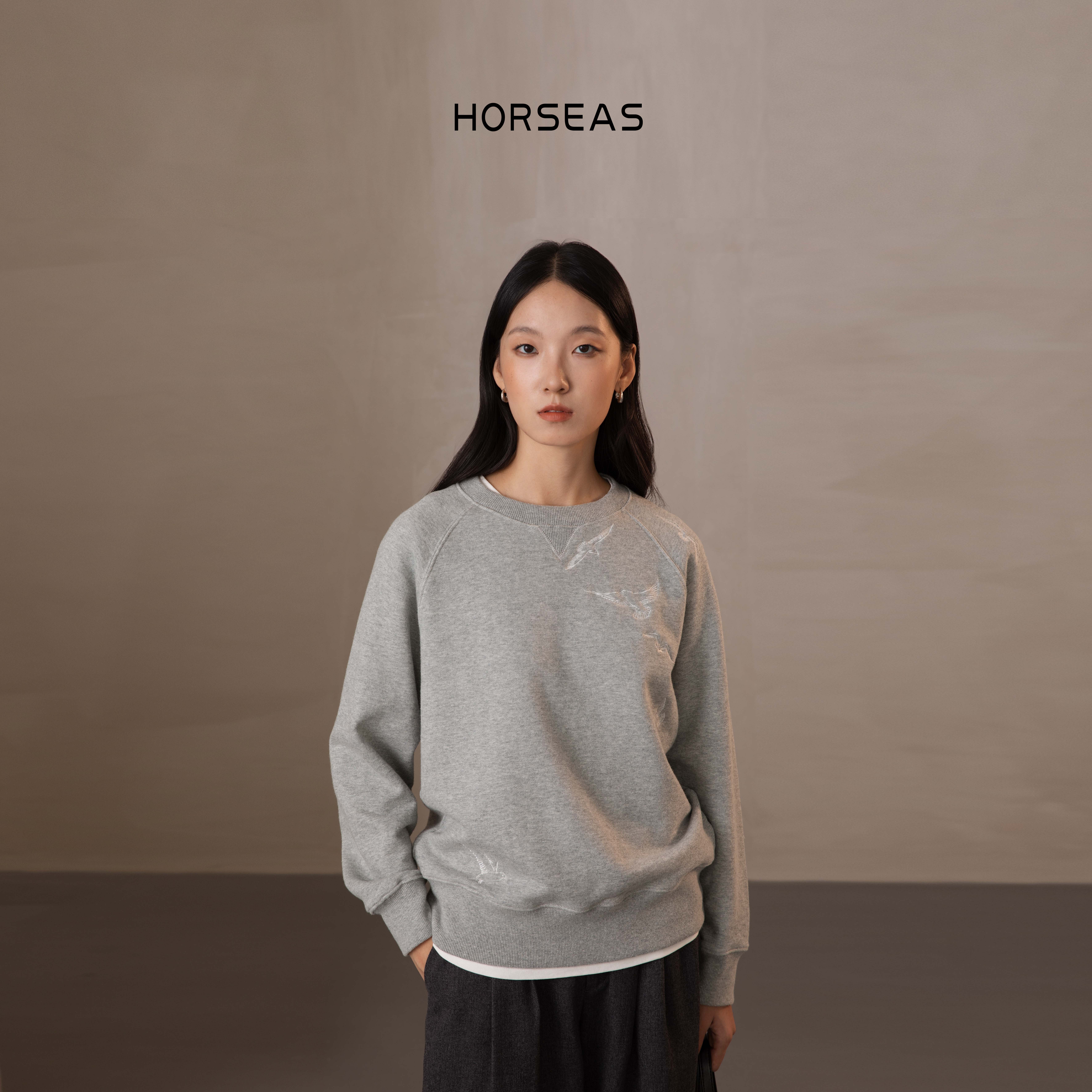 THE HORSEAS/海边的马秋冬新款棉麻混纺立体分割弧形宽松卫衣