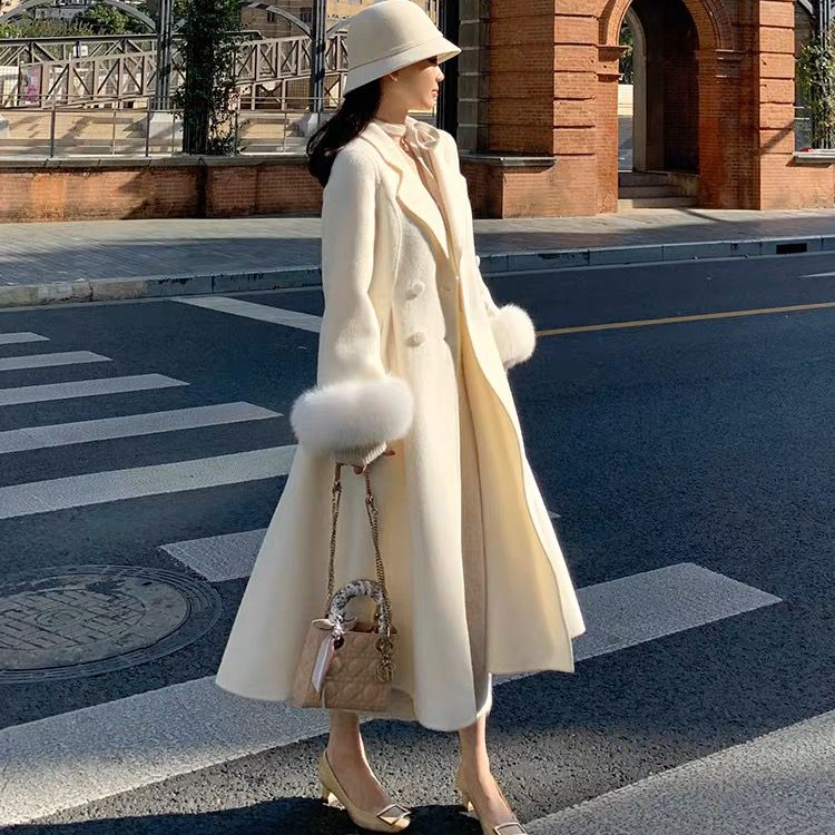 DFS加厚530克高级感白色毛呢外套女冬季中长款宽松名媛呢子大衣