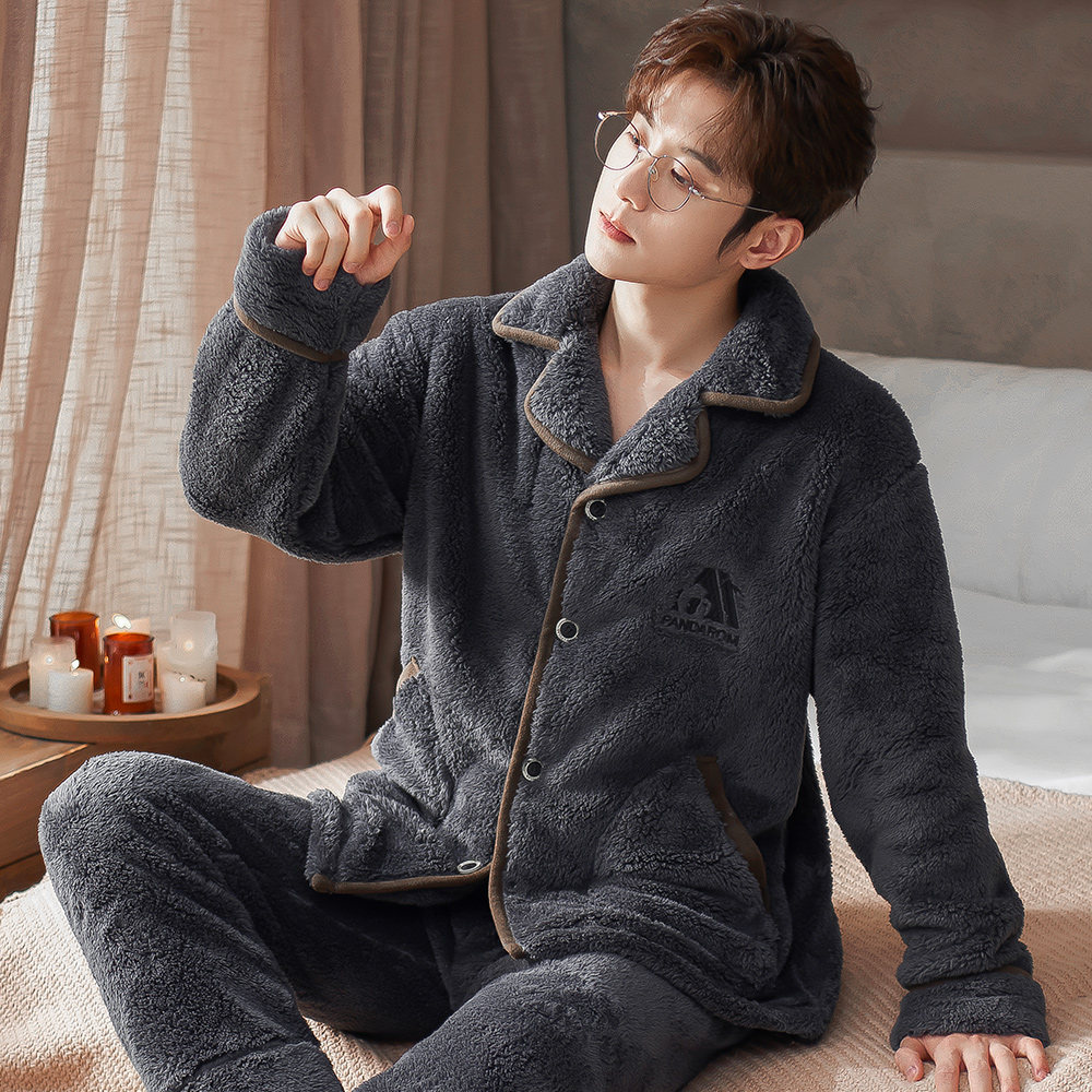 睡衣男秋冬天季加厚法兰绒套装珊瑚绒家居服加绒开衫大码保暖冬装