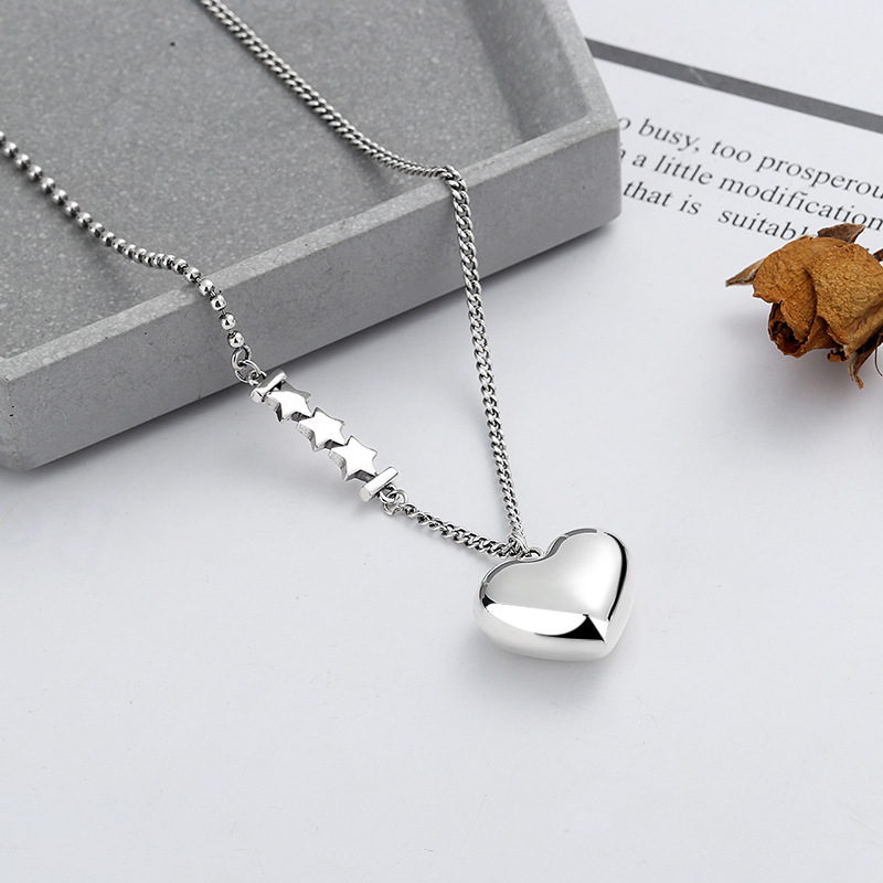 AISHALI 坠链均925银 韩国东大门流行星星拼接圆珠链爱心长款项链