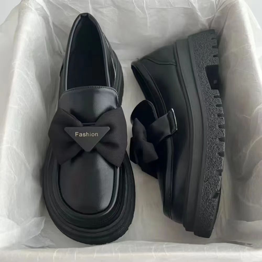 英伦风加绒小皮鞋2023年秋冬女日系jk乐福鞋一脚蹬蝴蝶结厚底增高