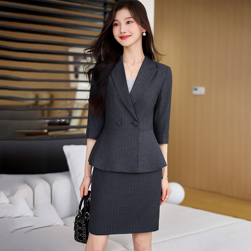 黑色中袖高端职业西装上衣女夏季薄款气质珠宝店美容院前台工作服