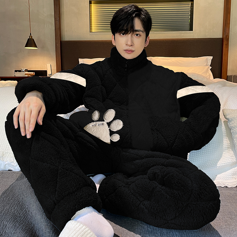 睡衣男冬季三层夹棉宽松保暖加绒加厚立领男士时尚潮流家居服套装